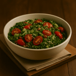 Groene salade met tomaatjes en hennepzaad in een grote schaal.