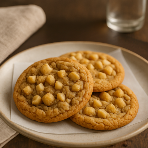 Versgebakken koekjes met macadamia stukjes erin verwerkt. De koekjes liggen op een bord en op de achtergrond staat een glas water.