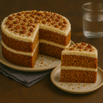 Aangesneden taart met daarin pecannoten verwerkt. Naast de aangesneden taart staat een bordje met een stuk taart en in de achtergrond staat een glas water.