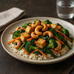 Rijstgerecht waarin groenten, tofu en cashewnoten zijn verwerkt. Het rijsgerecht ligt op een bord met daarnaast een glas water.