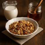 Schaaltje met speltvlokken granola. Naast het schaaltje staat een kom met melk en een pot met honing